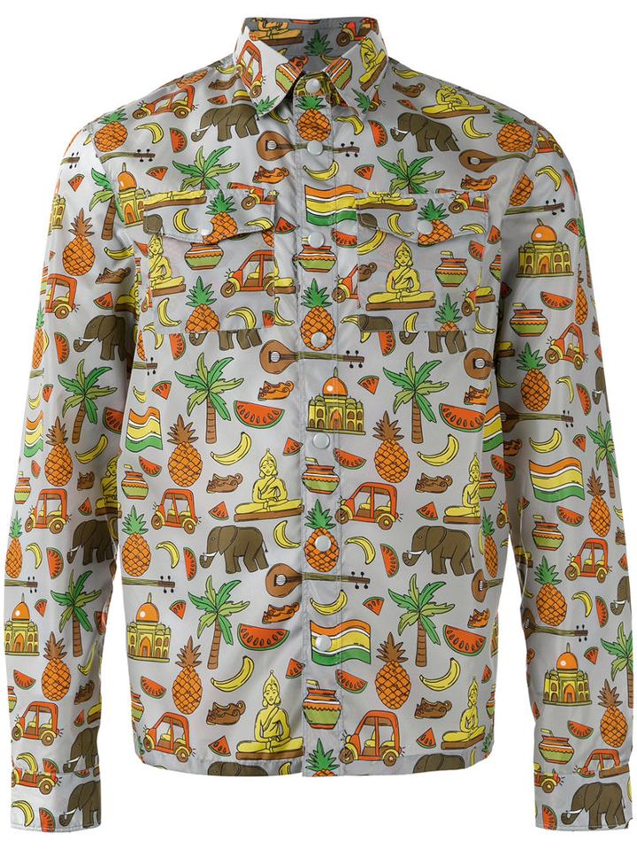 Prada Illustrated Tropical Print Shirt, Men's, Size: 39, Grey, Polyamide