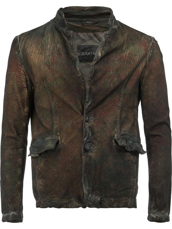 Giorgio Brato Open Collar Button-up Jacket, Men's, Size: 50, Brown, Cotton/leather/nylon