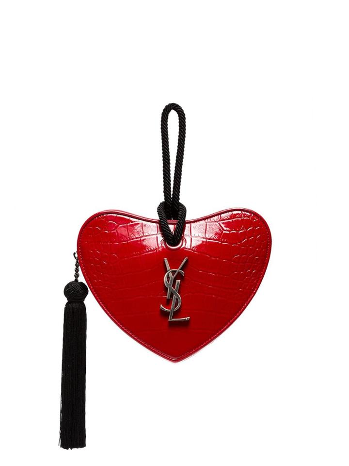 Saint Laurent Red Sac Couer Crocodile Embossed Clutch Bag