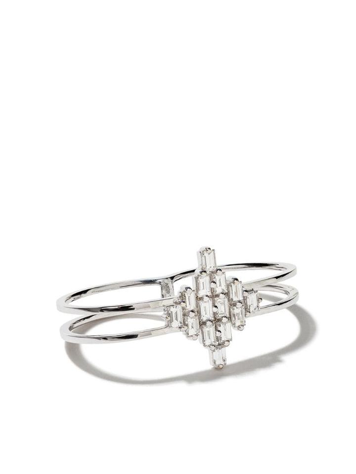 As29 18kt White Gold Baguette Diamond Rhombus Double Two-finger Ring -