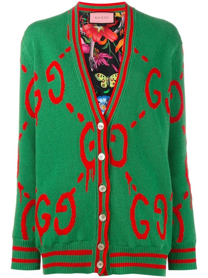 Gucci Reversible Guccighost Logo Cardigan, Women's, Size: Xs, Green, Wool/silk