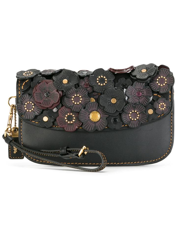 Coach Flower Embellished Clutch Bag, Brown, Leather