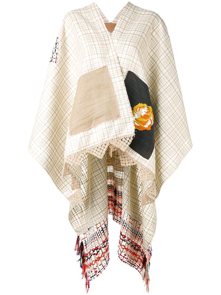 Appliquée Plaid Poncho - Women - Silk - One Size, Nude/neutrals, Silk, Ermanno Gallamini