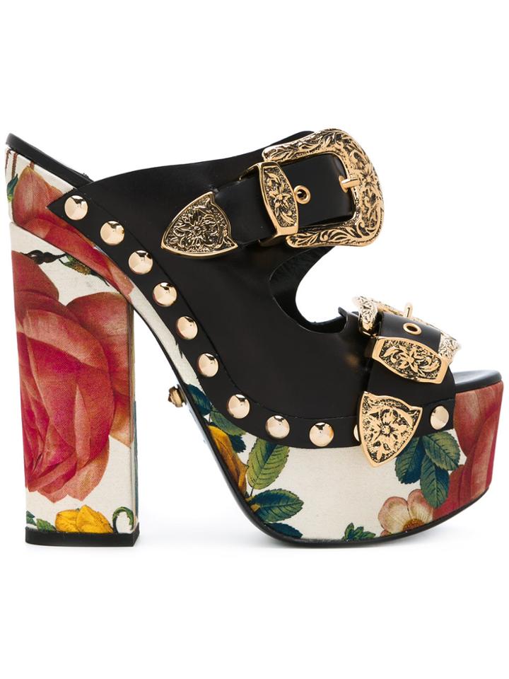 Fausto Puglisi Roses Print Platform Sandals - Black