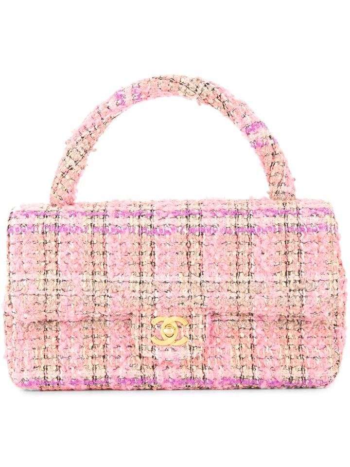 Chanel Vintage Tweed Cc Turnlock Tote - Pink & Purple