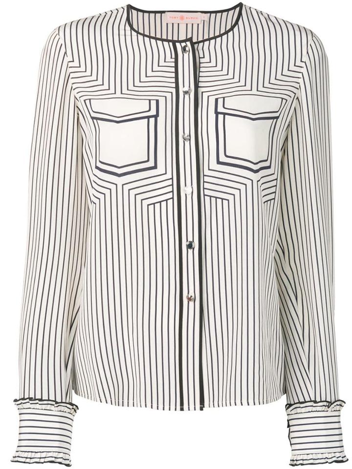 Tory Burch Striped Collarless Blouse - Neutrals