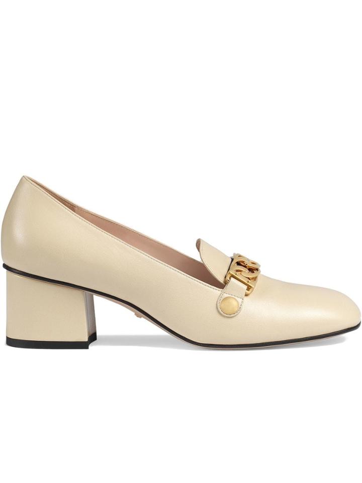 Gucci Décolleté Tacco Medio In Pelle Con Catena Sylvie - White