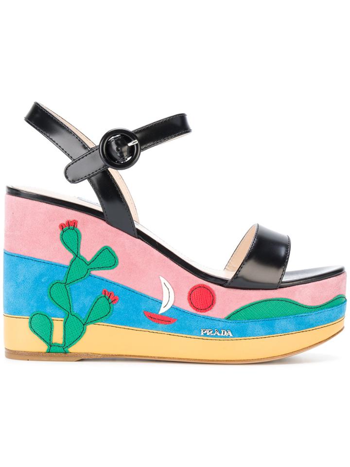 Prada Mexico Appliqué Platform Sandals - Black