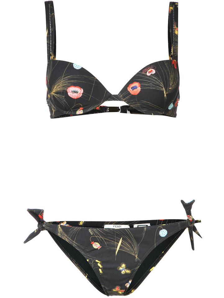 Fendi Floral-print Bikini, Women's, Size: 40, Black, Polyamide/spandex/elastane