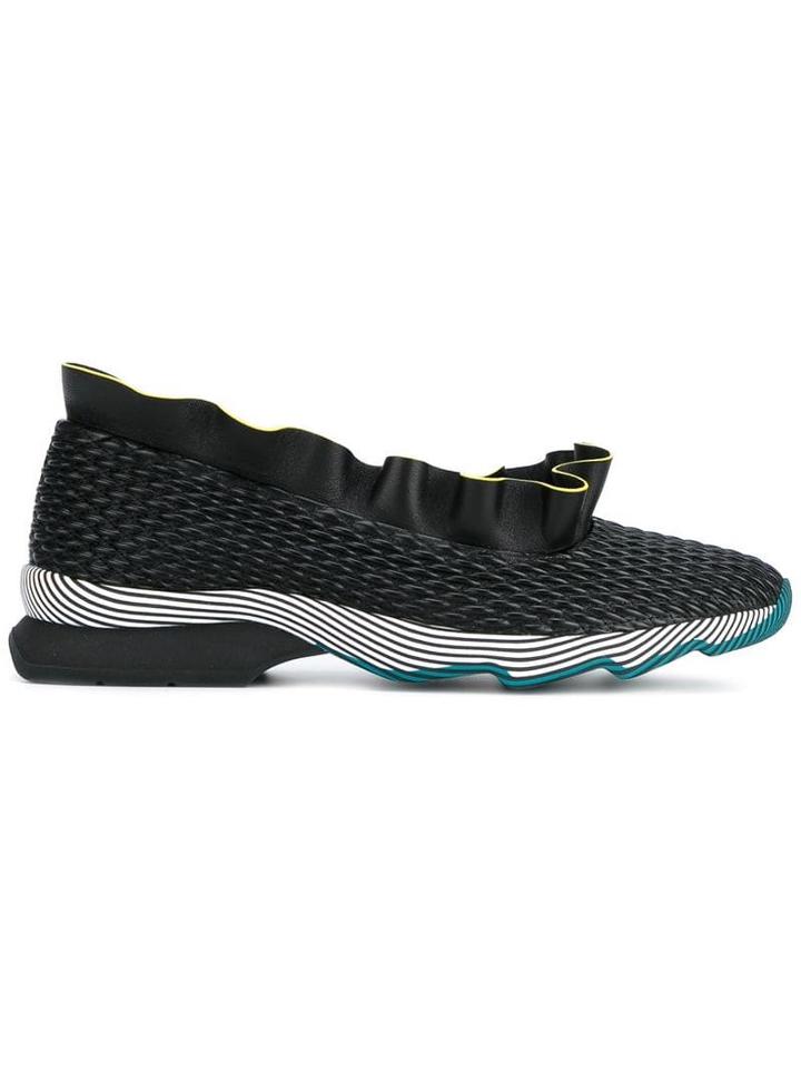 Fendi Black Frill Trim Leather Sneakers