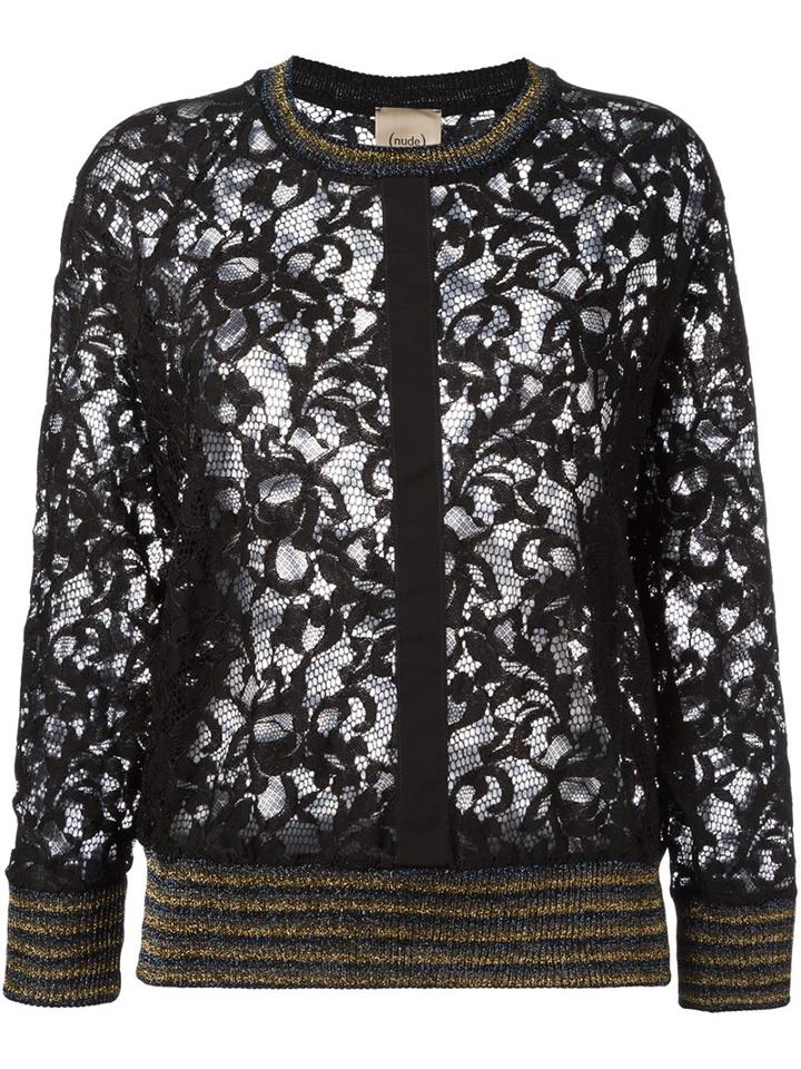 Nude Lace Overlay Cardigan, Women's, Size: 42, Black, Polyamide/polyester/cupro/wool