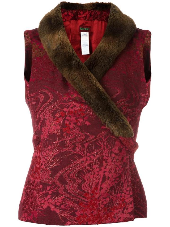 Kenzo Vintage Faux Fur Collar Jacquard Waistcoat, Women's, Size: 36, Red