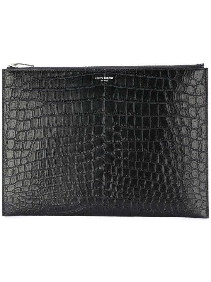 Saint Laurent Medium Crocodile Embossed Pouch - Black