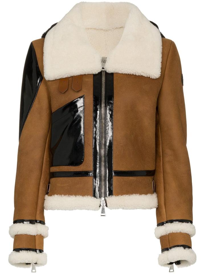 Moncler Crabier Crop Shearling Jacket With Down Hood - Neutrals