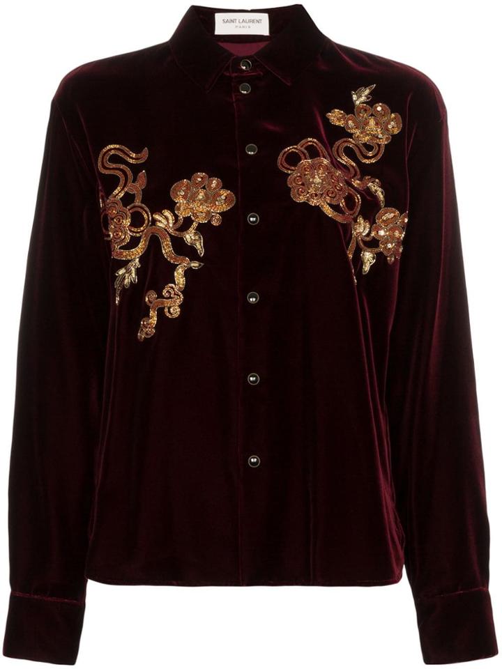 Saint Laurent Embellished Velvet Shirt - Red