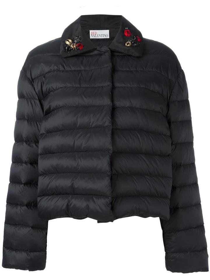 Red Valentino Embroidered Ladybird Puffer Kacket, Women's, Size: 44, Black, Polyamide/polyester/fluorocarbon Resin