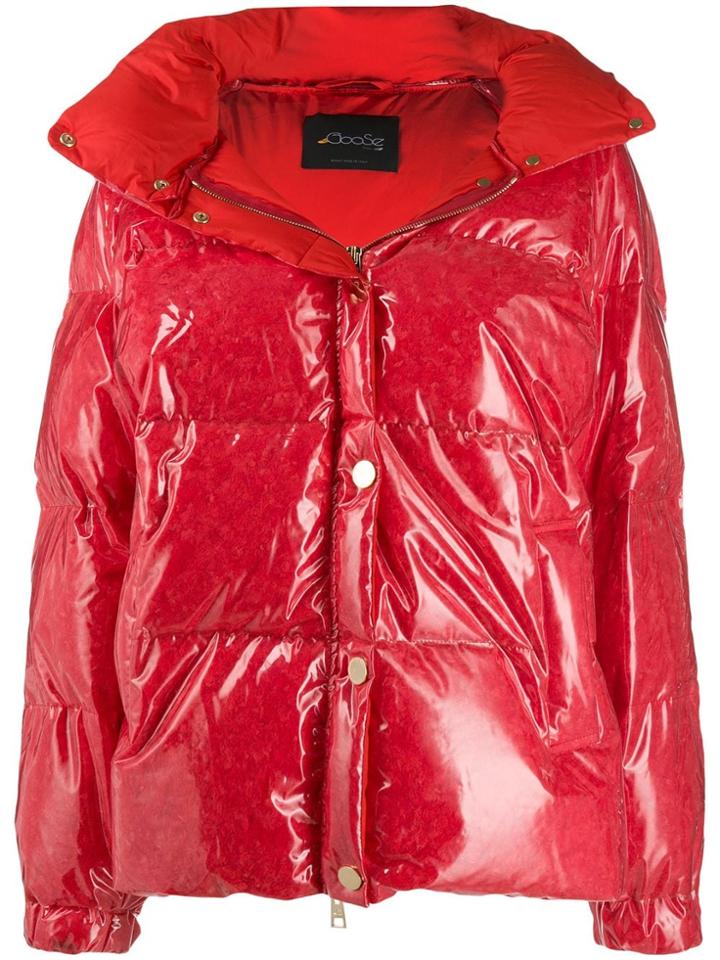 Goose Tech Patent Hooded Padded Coat - Red
