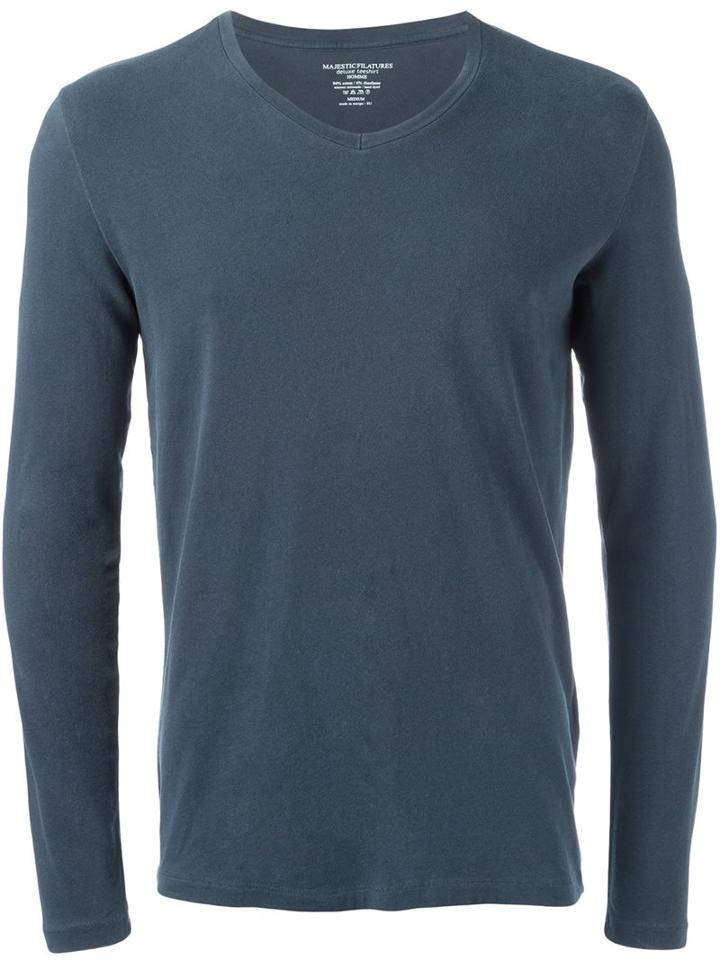 Majestic Filatures Longsleeved V-neck T-shirt, Men's, Size: Small, Blue, Cotton/spandex/elastane