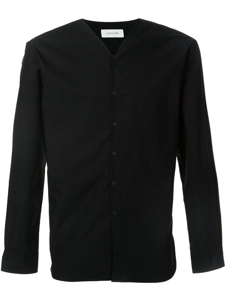 Lemaire V-neck Collarless Shirt, Men's, Size: 48, Black, Cotton