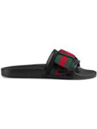 Gucci Black Pursuit Cotton And Leather Ribbon Bow Flat Slides