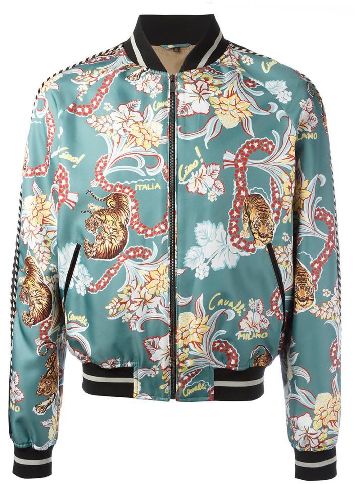 Roberto Cavalli Tiki Tiger Bomber Jacket, Men's, Size: 48, Blue, Polyester/cotton/polyester