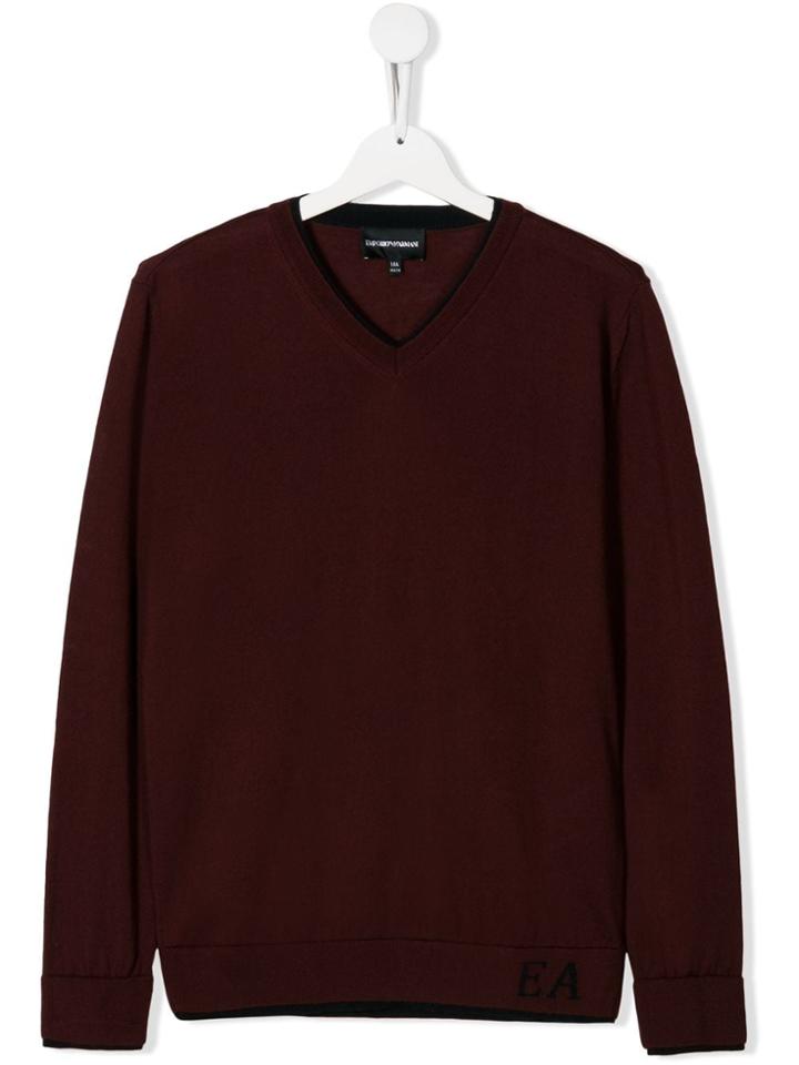 Emporio Armani Kids Monogram Logo V-neck Sweater - Red