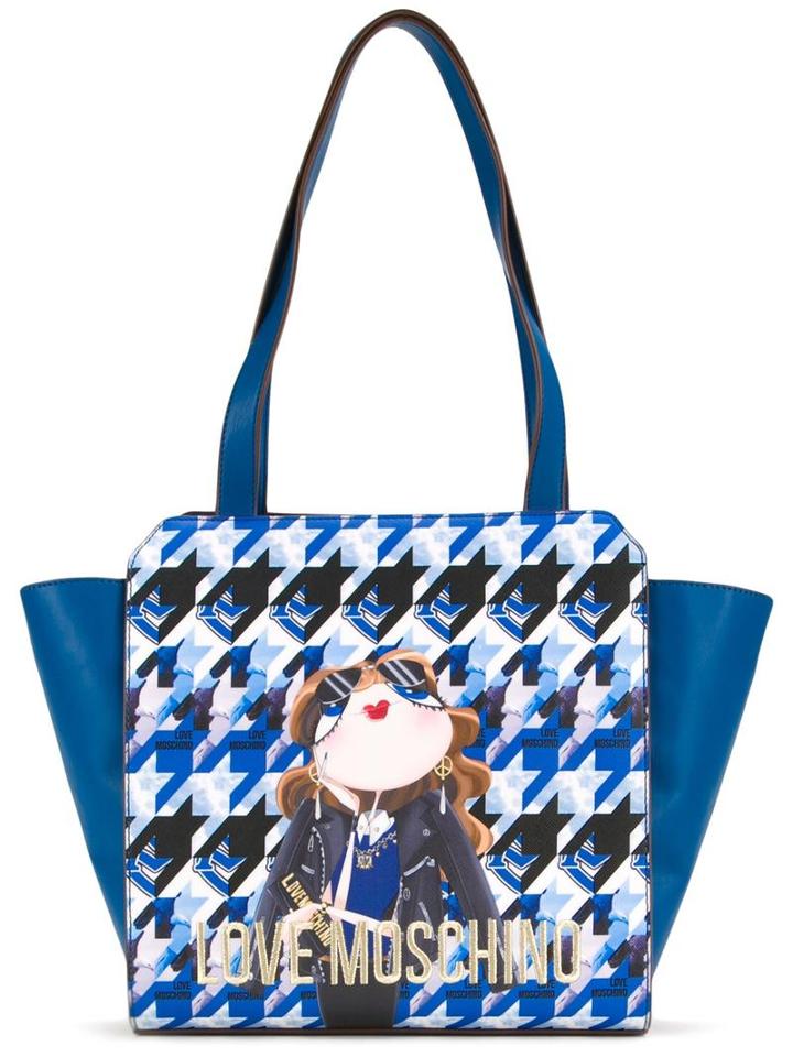 Love Moschino Houndstooth Logo Print Shoulder Bag, Women's, Blue