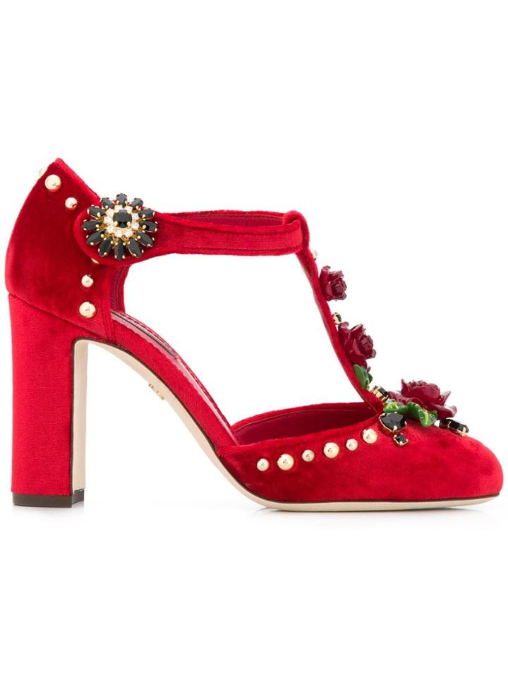 Dolce & Gabbana Rose Appliqué T-bar Pumps - Red