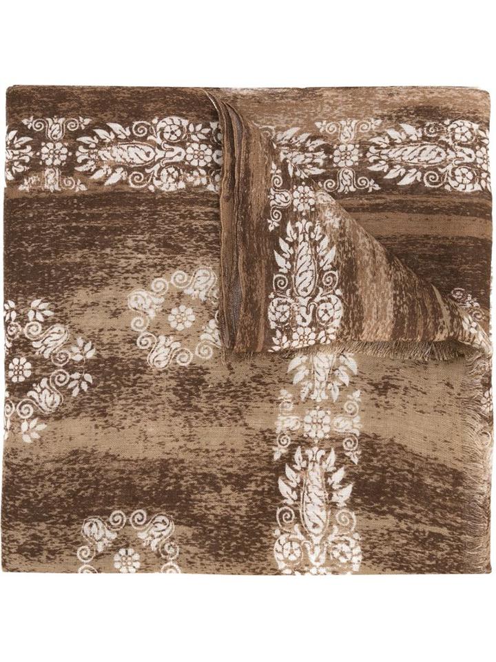 Kiton Printed Scarf, Men's, Brown, Linen/flax/viscose
