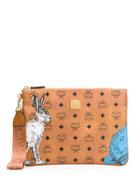 Mcm Rabbit Print Logo Clutch - Brown