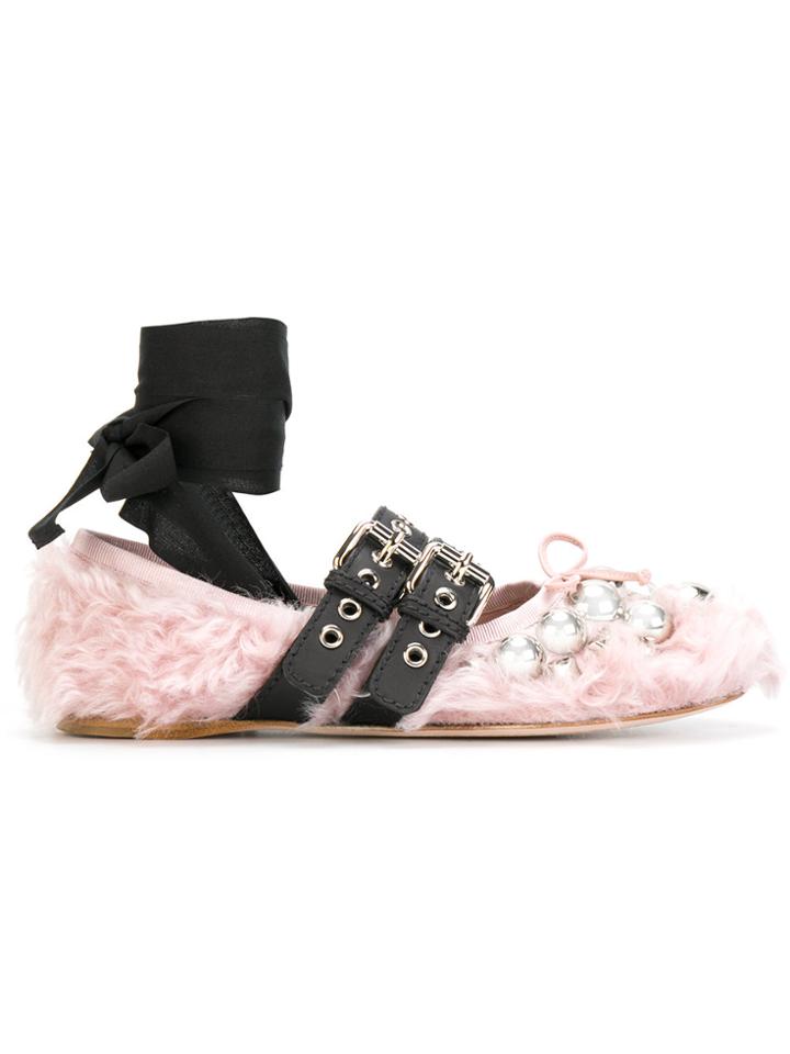 Miu Miu Shearling Buckle Ballerinas - Pink & Purple