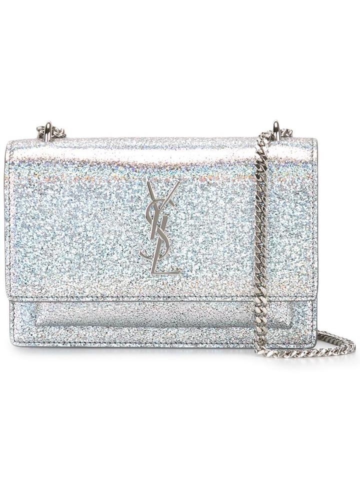 Saint Laurent Sunset Monogram Chain Wallet, Women's, Grey, Calf Leather/metal