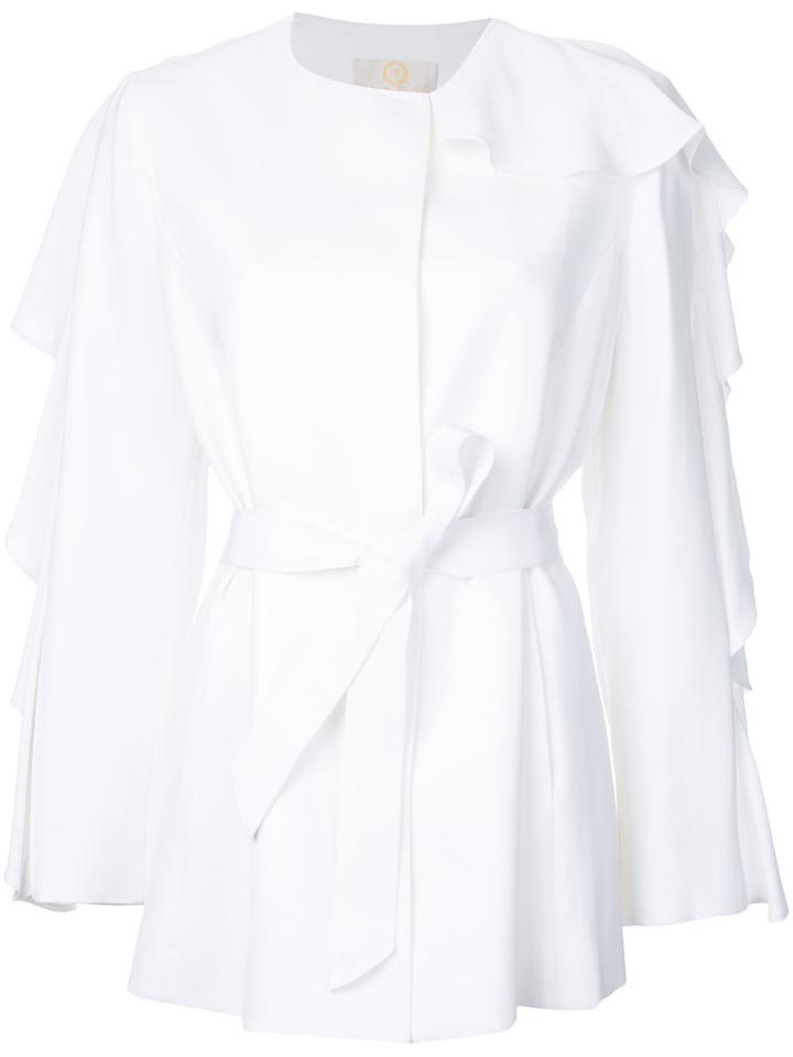 Sara Battaglia - Belted Blazer - Women - Spandex/elastane/viscose - 48, Women's, White, Spandex/elastane/viscose