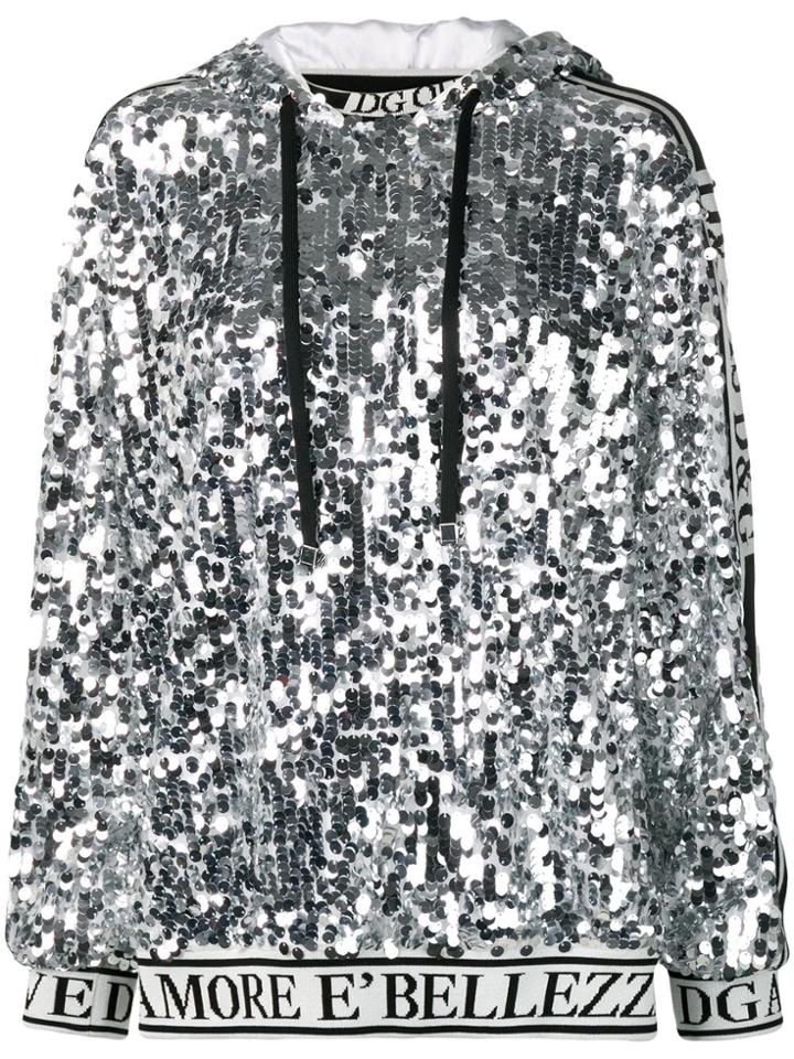 Dolce & Gabbana Logo Trim Sequin Hoodie - Silver