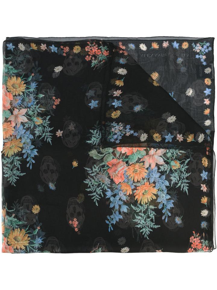 Alexander Mcqueen Skull And Flowers Scarf, Women's, Black, Silk