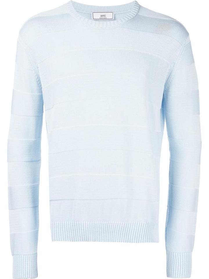Ami Alexandre Mattiussi Tonal Stripe Crew Neck Sweater, Men's, Size: Small, Blue, Cotton