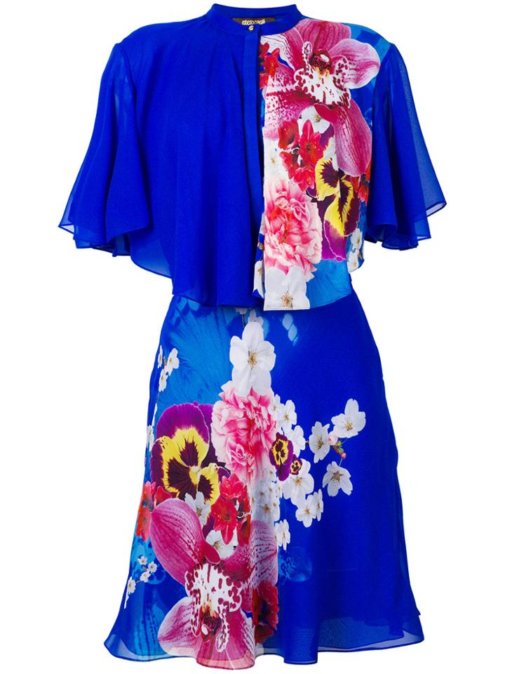 Roberto Cavalli Ruffled Floral Print Dress - Blue
