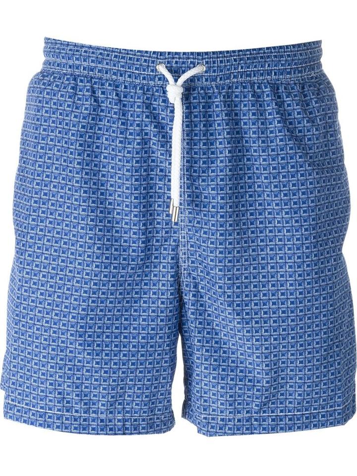 Kiton Square Print Swim Shorts, Men's, Size: 50, Blue, Polyester