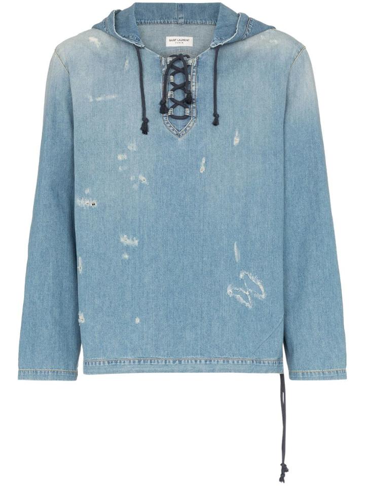 Saint Laurent Distressed Detail Lace Up Hooded Jacket - Blue