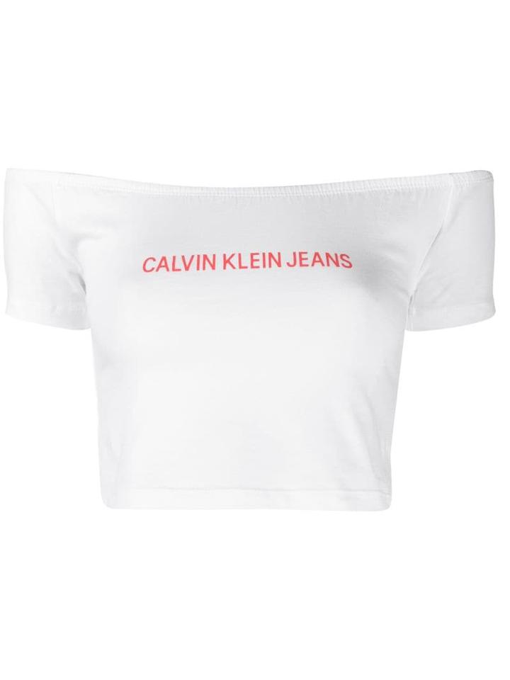Calvin Klein Jeans Bardot Logo Print Top - White