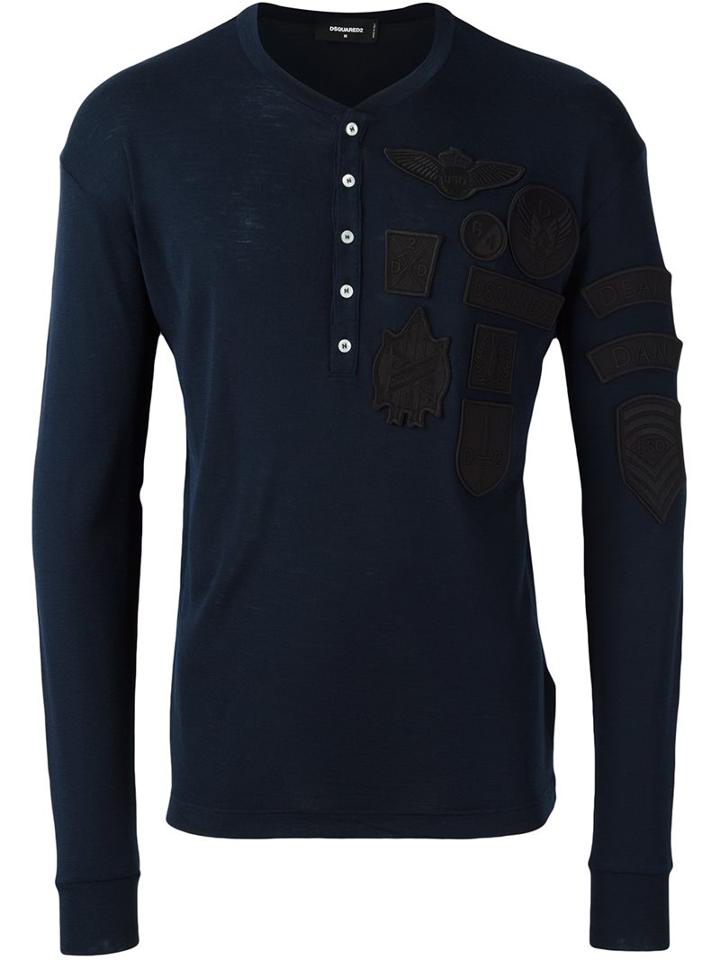 Dsquared2 Logo Patch Henley Top, Men's, Size: Large, Blue, Cotton/polyester/spandex/elastane/wool