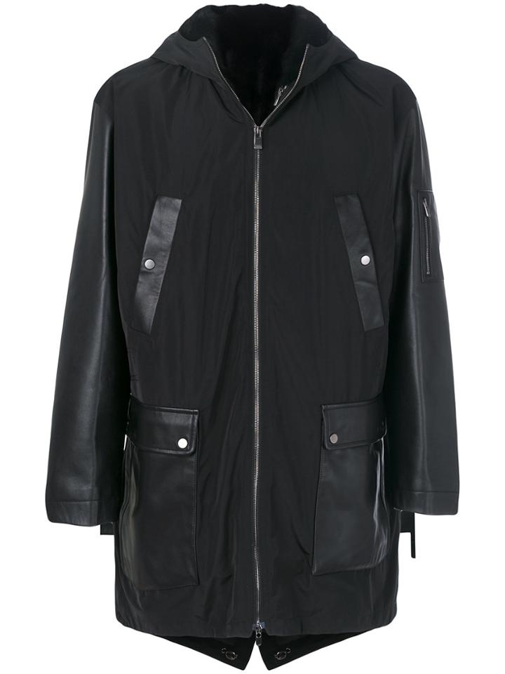 Drome Fur-lined Contrast Panelled Coat - Black