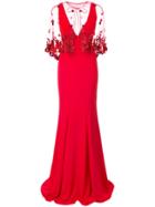 Marchesa Notte Fishtail Embellished Cape Dress - Red