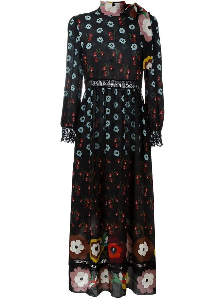 Red Valentino Lace Inserts Flower Dress, Women's, Size: 44, Black, Silk/polyester/polyamide