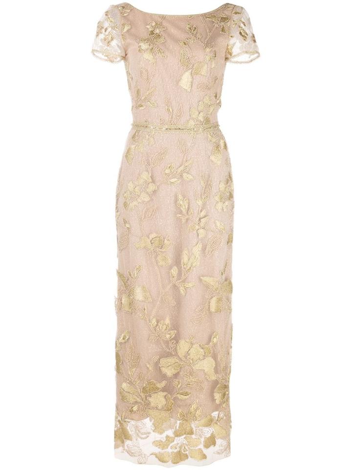 Marchesa Notte Floral Embroidered Evening Dress - Gold