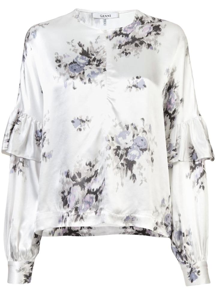 Ganni Floral Print Ruffle Blouse - White