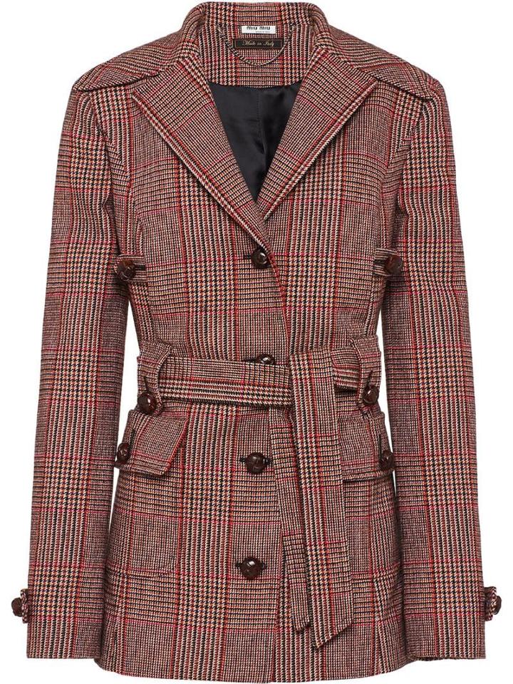 Miu Miu Checked Belted Coat - Red