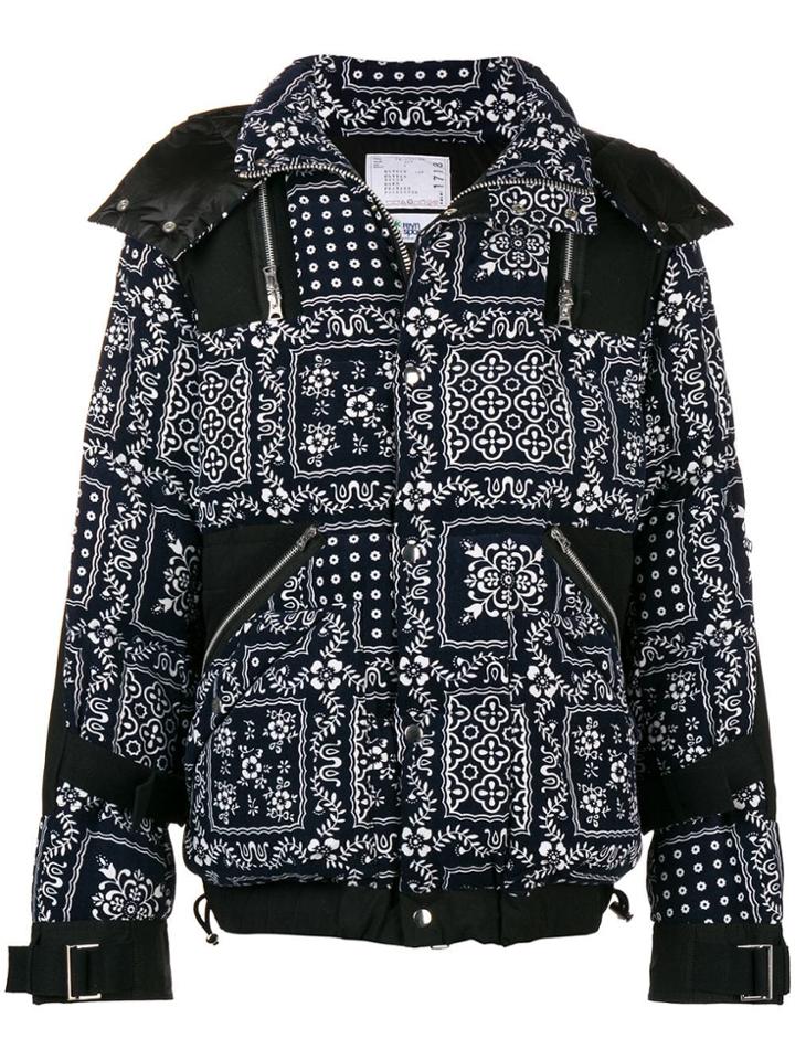 Sacai Printed Design Hooded Puffed Jacket - Blue