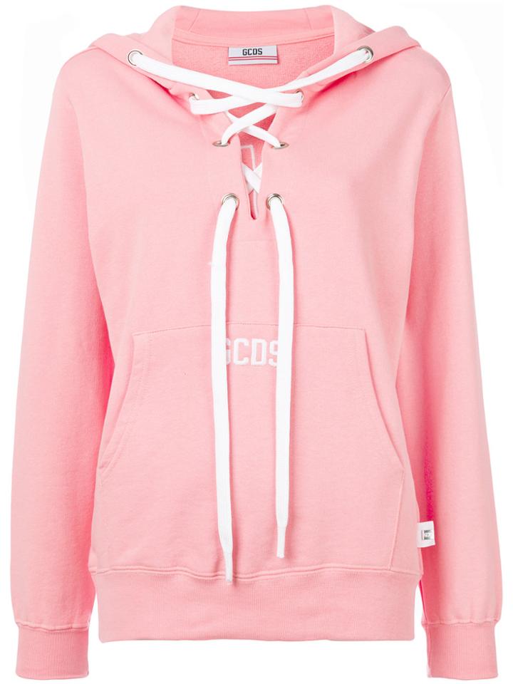 Gcds Lace-up Neck Hoodie - Pink & Purple