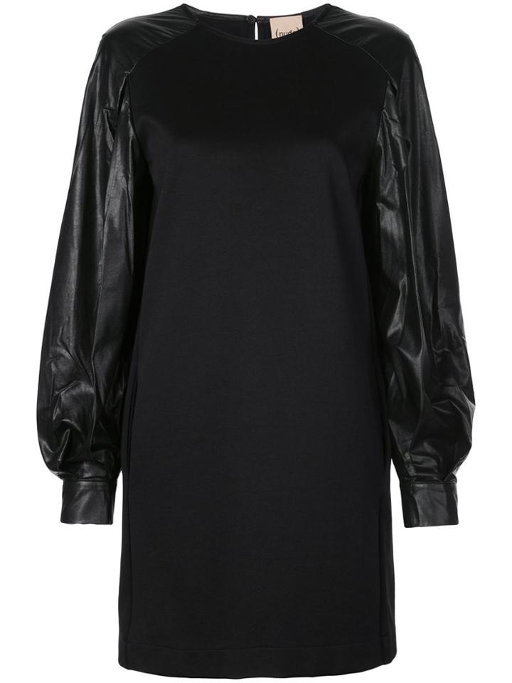 Nude Faux Leather Sleeve Mini Dress - Black
